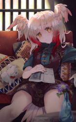 Rule 34 | 1girl, alpaca suri (kemono friends), alternate costume, bird tail, blurry, blurry foreground, book, commentary, couch, doll, expressionless, floral print, flower, gradient hair, head wings, highres, japanese crested ibis (kemono friends), kemono friends, long hair, looking at viewer, multicolored hair, nanana (nanana iz), on couch, orange eyes, pillow, red hair, short sleeves, sitting, solo, tail, white hair, wings