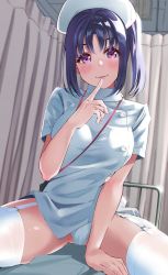 Rule 34 | 1girl, bed, blush, breasts, commentary, curtains, finger to mouth, garter straps, hat, head tilt, highres, hospital bed, igarashi kyouhei, kazuno sarah, large breasts, love live!, love live! school idol project, love live! sunshine!!, no pants, nurse, nurse cap, on bed, panties, purple eyes, purple hair, saint snow, shirt, short hair, short sleeves, side ponytail, sitting, smile, solo, thighhighs, underwear, white garter straps, white hat, white panties, white shirt, white thighhighs, zettai ryouiki