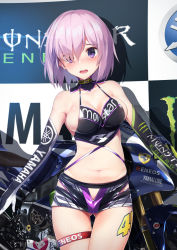Rule 34 | 1girl, alternate costume, areola slip, black gloves, black shorts, blush, breasts, cleavage, clothes writing, collarbone, cowboy shot, crotch cutout, elbow gloves, embarrassed, energy, fate/grand order, fate (series), ferrari, gedou (shigure seishin), gloves, gluteal fold, hair over one eye, hip vent, looking at viewer, mash kyrielight, medium breasts, monster, motor vehicle, motorcycle, navel, nose blush, pink hair, purple eyes, race queen, raised eyebrows, shiny skin, short hair, short shorts, shorts, sideboob, skindentation, solo, standing, stomach, thigh gap, thighs, yamaha