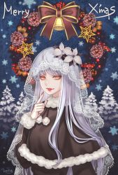 Rule 34 | 1girl, albino, bell, black ribbon, black santa costume, bow, bowtie, christmas, commentary request, flower, hand up, jingle bell, long hair, long sleeves, looking at viewer, merry christmas, nahori, nail polish, open mouth, original, pale skin, pine tree, pinecone, poinsettia, red eyes, red lips, ribbon, santa costume, signature, snowflakes, solo, star ornament, tree, veil, white hair, wreath