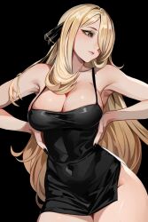 Rule 34 | 1girl, black background, black dress, black nails, blonde hair, breasts, cleavage, closed mouth, covered navel, cowboy shot, creatures (company), cynthia (pokemon), dress, facing viewer, game freak, grey eyes, hair ornament, hair over one eye, highres, large breasts, lips, long hair, looking to the side, making-of available, nintendo, pokemon, pokemon dppt, short dress, simple background, solo, thighs, tor (torkrub111), very long hair
