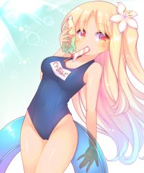 Rule 34 | 1girl, azur lane, blonde hair, blue hair, blue innertube, blue one-piece swimsuit, blush, bottle, breasts, cleveland (azur lane), collarbone, commentary request, covered navel, flower, food, food in mouth, gradient hair, groin, hair flower, hair ornament, highleg, highleg swimsuit, holding, holding bottle, holding swim ring, innertube, long hair, looking at viewer, medium breasts, mouth hold, multicolored hair, name tag, new school swimsuit, one-piece swimsuit, one side up, parted bangs, popsicle, red eyes, sakurato ototo shizuku, school swimsuit, solo, swim ring, swimsuit, tan, transparent, very long hair, water bottle, wet, white flower