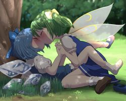 Rule 34 | 2girls, blue bow, blue eyes, blush, bow, brown footwear, child, child on child, cirno, daiyousei, closed eyes, fairy wings, forest, grass, green hair, hair bow, holding hands, highres, ice, ice wings, interlocked fingers, kiss, koharuko (khrkhrk), multiple girls, nature, outdoors, puffy short sleeves, puffy sleeves, shoes, short hair, short sleeves, side ponytail, socks, thighs, touhou, tree, wings, yellow bow, yuri