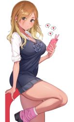 Rule 34 | 1girl, ameyame, blonde hair, blush, bow, bowtie, breasts, brown eyes, brown hair, cellphone, cleavage, closed mouth, collarbone, commentary, dark-skinned female, dark skin, feet out of frame, gradient hair, gyaru, hair over one eye, heart, highres, holding, holding phone, idolmaster, idolmaster shiny colors, izumi mei, large breasts, long hair, looking at viewer, loose bowtie, loose socks, miniskirt, multicolored hair, nail polish, phone, pink legwear, pink nails, school uniform, simple background, sitting, skirt, sleeves rolled up, smartphone, socks, solo, swept bangs, thighs, vest, white background