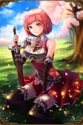 Rule 34 | 1girl, artist request, belt, bob cut, cherry blossoms, cloud, day, detached sleeves, dress, frills, gem, grand sphere, grass, highres, petals, red dress, red eyes, red hair, shoulder plates, sleeveless, solo, sword, thighhighs, tree, weapon, zettai ryouiki