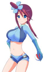 Rule 34 | 10s, 1girl, blue eyes, breasts, creatures (company), crop top, game freak, gloves, gym leader, hair ornament, holding, holding poke ball, impossible clothes, impossible shirt, large breasts, midriff, min0313, navel, nintendo, poke ball, pokemon, pokemon bw, red hair, shadow, shirt, short shorts, shorts, skyla (pokemon), solo