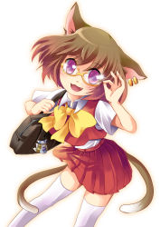 Rule 34 | 1girl, adjusting eyewear, animal ears, animal hat, bad id, bad pixiv id, bag, bag charm, bespectacled, bow, bowtie, brown hair, cameo, cat ears, cat girl, cat tail, character charm, charm (object), chen, earrings, fang, female focus, glasses, hands in opposite sleeves, hat, jewelry, charm (object), long sleeves, mob cap, multiple tails, no headwear, pleated skirt, purple eyes, short hair, short sleeves, shoulder bag, simple background, skirt, solo, tail, thighhighs, toda ayu, touhou, white background, white thighhighs, yakumo ran, yakumo ran (cameo), yellow bow, yellow bowtie