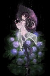 Rule 34 | 1girl, black background, black footwear, black hair, black pants, boots, buttons, coat, floral print, flower, highres, holding, holding umbrella, hydrangea, leg lift, long hair, long sleeves, looking at viewer, looking back, multicolored hair, original, pants, parted lips, pink eyes, pink shirt, puddle, rain, raincoat, reflective floor, sayuuu, shirt, solo, streaked hair, transparent, transparent umbrella, umbrella, water drop, white coat, white hair