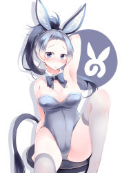 Rule 34 | 10s, 1girl, absurdres, alternate costume, animal ear fluff, animal ears, armpits, bare arms, bare hips, bare shoulders, blue eyes, blush, bow, bowtie, breasts, cleavage, commentary request, detached collar, donkey (kemono friends), donkey ears, donkey tail, fake animal ears, grey bow, grey bowtie, grey hair, grey thighhighs, highres, japari symbol, kanzakietc, kemono friends, kemono friends 2, large breasts, leg up, leotard, long hair, multicolored hair, nontraditional playboy bunny, playboy bunny, ponytail, rabbit ears, sitting, solo, stool, strapless, strapless leotard, thighhighs