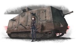 Rule 34 | 1girl, a7v (tank), ammunition belt, ammunition pouch, belt, belt buckle, black footwear, boots, brown hair, buckle, closed mouth, cross, full body, german army, green eyes, gun, hair between eyes, haonfest, highres, holding, holding gun, holding weapon, holster, imperial german flag, iron cross, long sleeves, looking to the side, medium hair, military, military uniform, military vehicle, motor vehicle, mp18, original, pouch, solo, standing, submachine gun, tank, uniform, weapon, world war i