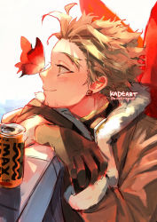 Rule 34 | 1boy, blonde hair, blush, boku no hero academia, bug, butterfly, butterfly on nose, can, closed mouth, fur-trimmed jacket, fur trim, gloves, hawks (boku no hero academia), insect, jacket, kadeart, long sleeves, male focus, red wings, short hair, smile, upper body, wings