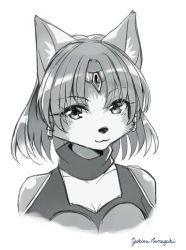 Rule 34 | 1girl, :3, animal ears, animal nose, artist name, body fur, breasts, circlet, cleavage, closed mouth, cropped torso, crystal, female focus, fox ears, fox girl, furry, furry female, greyscale, hair tubes, happy, highres, jpeg artifacts, krystal, looking at viewer, medium breasts, monochrome, namagaki yukina, nintendo, short hair, signature, simple background, sketch, smile, solo, star fox, star fox assault, two-tone fur, upper body, white background