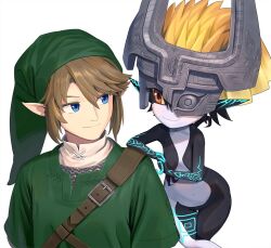 Rule 34 | 1boy, 1girl, blue eyes, brown hair, closed mouth, colored sclera, colored skin, eye contact, green headwear, green tunic, hair between eyes, hat, link, looking at another, midna, multicolored skin, nintendo, pointy ears, red eyes, simple background, smile, the legend of zelda, the legend of zelda: twilight princess, tunic, upper body, wasabi60, white background, yellow sclera