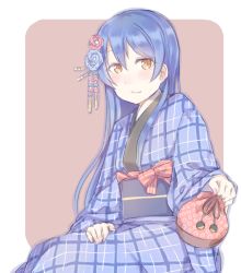 Rule 34 | 1girl, blue hair, blush, commentary request, flower, hair between eyes, hair flower, hair ornament, holding, japanese clothes, kimono, kinchaku, long hair, long sleeves, looking at viewer, love live!, love live! school idol festival, love live! school idol project, plaid, pouch, shijimi kozou, simple background, sitting, smile, solo, sonoda umi, wide sleeves, yellow eyes