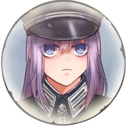 Rule 34 | 1girl, blue eyes, border, closed mouth, company of heroes, german army, hair between eyes, hat, long hair, lowres, medal, military, military hat, military uniform, original, portrait, purple hair, shaded face, solo, uniform, world war ii, zhainan s-jun