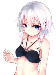 Rule 34 | 1girl, arm at side, bare shoulders, bikini, blue bikini, breasts, collarbone, from above, hair between eyes, halterneck, highres, looking at viewer, o-ring, o-ring top, original, otokuyou, ringo-chan (haegiwa), ringo-chan (otokuyou), short hair, silver hair, simple background, small breasts, solo, stomach, swimsuit, upper body, white background