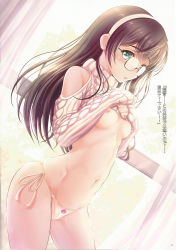 Rule 34 | 1girl, absurdres, alternate costume, blue eyes, blush, bow, bow panties, breasts, clothes lift, glasses, hair between eyes, hairband, highres, huge filesize, kantai collection, lifting own clothes, long hair, long sleeves, looking at viewer, medium breasts, naked sweater, navel, nipples, ooyodo (kancolle), page number, panties, parted lips, ribbed sweater, ryu-akt, scan, semi-rimless eyewear, shiny skin, side-tie panties, simple background, sleeves past wrists, solo, stomach, sweater, sweater lift, thighs, underwear, white panties, window