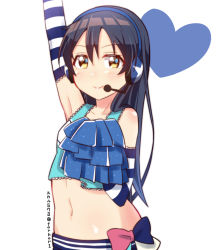 Rule 34 | 1girl, arm up, bare shoulders, blue hair, blush, cheerleader, commentary request, elbow gloves, gloves, hair between eyes, headset, heart, long hair, looking at viewer, love live!, love live! school idol project, midriff, pom pom (cheerleading), simple background, skull573, smile, solo, sonoda umi, striped clothes, striped gloves, takaramonozu, white background, yellow eyes
