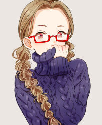 1girl arm_up blonde_hair blue_sweater blush braid glasses hair_over_shoulder juusan_kihei_bouei_ken kisaragi_tomi looking_at_viewer red-framed_eyewear red_eyes ribbed_sweater simple_background single_braid smile solo sweater turtleneck turtleneck_sweater wacopeco