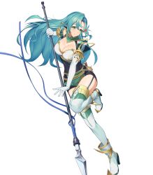 Rule 34 | 1girl, ankle boots, aqua hair, armor, belt, boots, breasts, chloe (fire emblem), cleavage, closed mouth, dress, earrings, elbow gloves, fire emblem, fire emblem engage, fire emblem heroes, full body, garter straps, gloves, green eyes, hair ornament, high heels, highres, holding, holding weapon, jewelry, kainown, leg up, long hair, looking away, medium breasts, nintendo, non-web source, official art, pelvic curtain, polearm, short dress, shoulder armor, smile, solo, spear, thigh strap, thighhighs, thighs, transparent background, weapon, zettai ryouiki