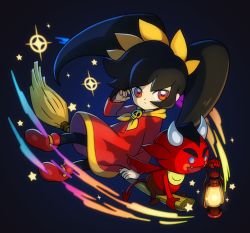 Rule 34 | 1boy, 1girl, ascot, ashley (warioware), black background, black hair, blue background, broom, broom riding, demon tail, demon wings, devil, dress, fang, highres, horns, jewelry, lantern, long hair, necklace, nintendo, pantyhose, pointy ears, red (warioware), red eyes, sitting, skull necklace, sparkle, star (sky), star (symbol), tail, twintails, unknown showhey, warioware, widow&#039;s peak, wings