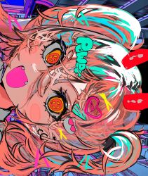 Rule 34 | 1girl, absurdres, chainsaw man, character name, cross-shaped pupils, ear piercing, fangs, hair ornament, hairclip, heart, heart hair ornament, highres, horns, looking at viewer, momae makku, open mouth, orange eyes, piercing, pink hair, power (chainsaw man), red horns, short hair, short twintails, sideways, solo, symbol-shaped pupils, translucent hair, twintails