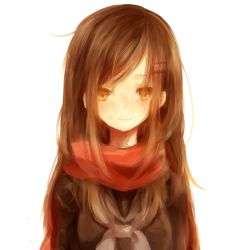 Rule 34 | 1girl, bad id, bad pixiv id, brown eyes, brown hair, enpera, hair ornament, hairclip, kagerou project, long hair, md5 mismatch, nora (misato0301), red scarf, scarf, school uniform, solo, tateyama ayano