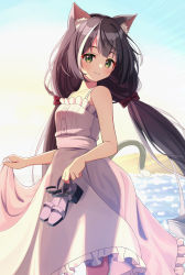 Rule 34 | 1girl, animal ear fluff, animal ears, backlighting, black footwear, black hair, blue sky, blush, bow, cat ears, cat girl, cat tail, closed mouth, day, dress, feet out of frame, frilled dress, frills, green eyes, hair bow, highres, karyl (princess connect!), long hair, looking at viewer, low twintails, multicolored hair, outdoors, princess connect!, red bow, sandals, unworn sandals, see-through silhouette, skirt hold, sky, sleeveless, sleeveless dress, smile, solo, standing, streaked hair, sundress, syurimp, tail, twintails, two-tone hair, very long hair, water, white dress, white hair