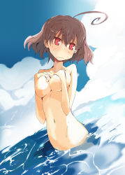 Rule 34 | 1girl, ahoge, bad id, bad pixiv id, blush, breasts, brown hair, covering privates, covering breasts, crie, dutch angle, face, frown, huge ahoge, large breasts, navel, nude, nude cover, ocean, original, red eyes, short hair, solo, sukima (crie), tears, wading, water, wavy mouth
