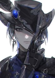 Rule 34 | 1girl, absurdres, androgynous, artist name, black gloves, black hat, blue gemstone, earrings, expressionless, final fantasy, final fantasy xiv, gem, glint, gloves, grey eyes, grey hair, hand on headwear, hand up, hat, hat feather, hat over one eye, highres, jewelry, looking at viewer, one eye covered, penzai fengli, portrait, reaper (final fantasy), short hair, simple background, solo, straight-on, tricorne, white background, zero (ff14)