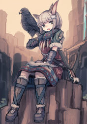 Rule 34 | 1girl, animal ears, animal on arm, bag, bee (deadflow), bird, bird on arm, black eyes, blurry, boots, bow (weapon), canyon, crossbow, depth of field, dress, falconer (tree of savior), fang, fantasy, feather hair ornament, feathers, gloves, grey hair, feather hair ornament, looking to the side, open mouth, satchel, short hair, sitting, sketch, sky, smile, solo, sunset, tree of savior, vambraces, water, waterfall, weapon