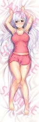 Rule 34 | 1girl, aldehyde, armpits, arms up, barefoot, bed sheet, blush, breasts, cleavage, collarbone, commentary request, dakimakura (medium), dolphin shorts, eyes visible through hair, full body, hair between eyes, hair ornament, hair spread out, hairclip, highres, large breasts, legs, long hair, looking at viewer, lying, neeko (aldehyde), nose blush, on back, original, pink shirt, red eyes, sample watermark, shirt, short shorts, shorts, silver hair, solo, tank top, thigh gap, thighs, watermark