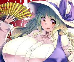 Rule 34 | 1girl, alternate eye color, blonde hair, blush, breasts, brown eyes, collared shirt, dress, floral print, folding fan, gigantic breasts, gradient hair, hand fan, hat, hat ribbon, highres, holding, holding fan, light particles, long hair, long sleeves, looking at viewer, multicolored hair, open mouth, outline, patterned background, purple dress, purple ribbon, red background, ribbon, shirt, sidelocks, sleeve cuffs, smile, solo, sun hat, touhou, two-tone background, umigarasu (kitsune1963), upper body, very long hair, watatsuki no toyohime, white background, white hat