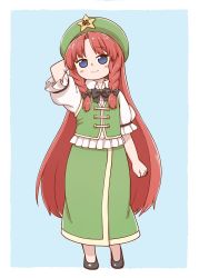 Rule 34 | 1girl, aged down, arm behind head, black bow, black footwear, blue background, blue eyes, blush, bow, full body, green hat, green skirt, green vest, hair bow, hand up, hat, hat ornament, high heels, hong meiling, long hair, long skirt, looking at viewer, parted bangs, poronegi, red hair, short sleeves, simple background, skirt, smile, solo, standing, star (symbol), touhou, very long hair, vest