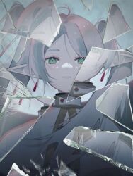 Rule 34 | 1girl, app filter, capelet, closed mouth, earrings, expressionless, frieren, glass shards, green eyes, highres, jewelry, long hair, looking at viewer, miru (miruzuya), pointy ears, sidelocks, solo, sousou no frieren, upper body, white capelet, white hair