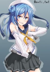 Rule 34 | 10s, 1girl, anti (untea9), beret, blue eyes, blue hair, blush, clenched teeth, double bun, dual wielding, elbow gloves, furrowed brow, gloves, grey background, hair bun, hat, highres, holding, kantai collection, matching hair/eyes, pleated skirt, school uniform, serafuku, simple background, skirt, sleeves rolled up, solo, spatula, teeth, twitter username, urakaze (kancolle), white gloves, white hat