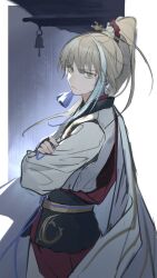 Rule 34 | 1boy, archer (fate/samurai remnant), bell, chinese clothes, chinese hairpin, crossed arms, fate/samurai remnant, fate (series), grey eyes, grey hair, hair ornament, hanfu, high ponytail, kang yiqian (self cultivation), looking at viewer, male focus, multicolored hair, ponytail, rain, solo, streaked hair