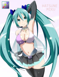 Rule 34 | 1girl, arm up, artist name, bad id, bad pixiv id, bikini, bikini top only, black thighhighs, breasts, character name, cleavage, elbow gloves, gloves, green eyes, green hair, hatsune miku, headset, large breasts, long hair, matching hair/eyes, miniskirt, navel, pleated skirt, see-through, skirt, smile, solo, swimsuit, thighhighs, thighs, tsuti, twintails, very long hair, vocaloid, zettai ryouiki