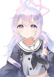 Rule 34 | 1girl, black jacket, black neckerchief, blue archive, closed mouth, collarbone, grey serafuku, hair between eyes, hair ornament, halo, highres, jacket, long hair, long sleeves, looking at viewer, multicolored hair, neckerchief, noko (nco029685627), open clothes, open jacket, pink hair, pink halo, purple eyes, purple hair, reisa (blue archive), sailor collar, school uniform, serafuku, simple background, solo, star (symbol), star hair ornament, twintails, upper body, white background, white sailor collar