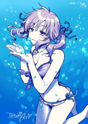 Rule 34 | 10s, 1girl, air bubble, alpha (yukai na nakamatachi), barefoot, bikini, breath, brown hair, bubble, blowing bubbles, character name, cupping hands, dated, freediving, frilled bikini, frills, hair ribbon, heart, heart necklace, idolmaster, idolmaster cinderella girls, jewelry, necklace, own hands together, ribbon, solo, swimming, swimsuit, totoki airi, twintails, underwater