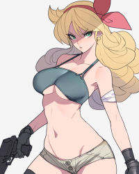 Rule 34 | 1girl, :o, angry, aqua eyes, ban! (bansankan), bandages, bare shoulders, black gloves, blonde hair, breasts, cleavage, collarbone, contrapposto, curly hair, dragon ball, dragon ball (classic), earrings, gloves, green eyes, grey shorts, gun, hair ribbon, hairband, halterneck, highres, hip focus, jewelry, large breasts, long hair, looking at viewer, lunch (bad) (dragon ball), lunch (dragon ball), navel, red hairband, ribbon, short shorts, shorts, simple background, solo, thighhighs, underboob, wavy hair, weapon, white background