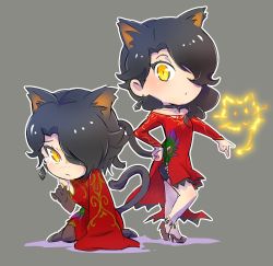 Rule 34 | 1girl, alternate costume, alternate hairstyle, animal ears, black hair, cat, cat ears, cat tail, chibi, cinder fall, commentary request, dual persona, earrings, fire, hair over one eye, high heels, iesupa, jewelry, pantyhose, rwby, sad, tail, tears, yellow eyes