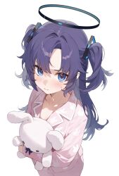 Rule 34 | 1girl, animal print, blue archive, blue eyes, collarbone, halo, hashtag-only commentary, highres, hyeonwook9, mechanical halo, pajamas, pink pajamas, purple hair, rabbit, rabbit print, simple background, sleepwear, solo, stuffed toy, sweatdrop, triangle hair ornament, twintails, white background, yuuka (blue archive)
