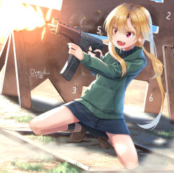 Rule 34 | 1girl, absurdres, assault rifle, black socks, blonde hair, blue skirt, brown footwear, carbine, commentary request, day, denim, denim skirt, dreadtie, fang, firing, grass, green hoodie, gun, highres, holding, holding gun, holding weapon, hood, hood down, hoodie, jessica jefferson, long hair, long sleeves, looking to the side, low twintails, miniskirt, open mouth, original, outdoors, red eyes, rifle, shadow, shoes, sidelocks, skirt, smile, socks, solo, sr-3mp, standing, twintails, weapon