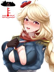 Rule 34 | 1girl, absurdres, ahoge, blonde hair, blue jacket, blush, braid, breasts, breath, character request, cleavage, cleavage cutout, clothing cutout, copyright request, epaulettes, flower, gloves, hair flower, hair ornament, highres, hot, jacket, long sleeves, looking at viewer, military, military vehicle, motor vehicle, musanix, necktie, necktie grab, neckwear grab, nervous sweating, open mouth, red eyes, scarf, signature, simple background, steam, sweat, sweaty clothes, tank, thermometer, tongue, tongue out, uniform, very sweaty, wet, wet hair, white background