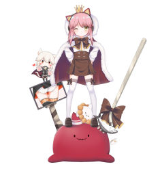 Rule 34 | 2girls, aged down, animal ears, bismarck (warship girls r), bow, bowtie, brown bow, brown bowtie, brown cloak, brown footwear, brown skirt, buttons, chibi, cloak, closed mouth, crown, doll, earphones, fake animal ears, fork, fur-trimmed cloak, fur trim, galo (warship girls r), hands on own hips, heart, high-waist skirt, highres, hood, hooded cloak, legs apart, loafers, long hair, long sleeves, looking at viewer, mini crown, multiple girls, one eye closed, parted bangs, pink hair, pleated skirt, raised eyebrows, screen, shirt, shoes, skirt, sleeves rolled up, solo focus, sorry (4627156), standing, standing on object, thighhighs, tirpitz (warship girls r), warship girls r, white legwear, white shirt, yellow eyes, zettai ryouiki