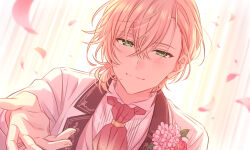 Rule 34 | 1boy, abstract background, ascot, backlighting, blush, commentary request, flower, green eyes, highres, jacket, long sleeves, looking at viewer, male focus, on air!, outstretched hand, pink ascot, pink flower, pink hair, portrait, sakurai momose, sekina, shirt, short hair, smile, solo, upper body, white background, white jacket, white shirt