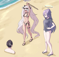 Rule 34 | 1boy, 2girls, absurdly long hair, anger vein, armpits, arms up, bare shoulders, beach, belt, bikini, black bikini, black hair, black shirt, blue archive, blush, breasts, buried, cleavage, collarbone, commentary request, dark skin, demon girl, demon tail, eyewear on head, from above, from behind, full body, grey background, grey hair, hair between eyes, halo, highres, holding, holding sword, holding weapon, iori (blue archive), iori (swimsuit) (blue archive), long hair, looking at another, multi-strapped bikini bottom, multiple girls, navel, ocean, purple eyes, purple hair, red eyes, sandals, sensei (blue archive), shirt, short sleeves, side-tie bikini bottom, sidelocks, spaghetti strap, standing, stomach, sunglasses, sweat, sweatdrop, swimsuit, sword, tail, thighlet, tonomiya68, trapped, twintails, two side up, very long hair, walking, weapon, wooden sword, yuuka (blue archive)