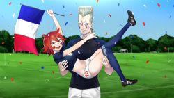 Rule 34 | 1boy, 1girl, blue eyes, blue thighhighs, breasts, bright pupils, carrying, cheerleader, cleavage, crossover, drawrepulser, facial mark, flag, france, french flag, full body, grass, highres, jean pierre polnareff, jojo no kimyou na bouken, leg grab, legs, little witch academia, looking at viewer, midriff, navel, outdoors, princess carry, red eyes, red hair, shiny chariot, shoes, short hair, short shorts, shorts, sky, smile, soccer, soccer uniform, sports, sportswear, stardust crusaders, thighhighs, thighs, torso grab, tree, ursula callistis