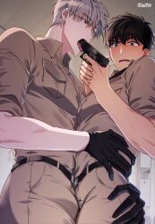 Rule 34 | 2boys, absurdres, bishounen, black gloves, blush, bulge, bulge press, bulges touching, fellatio, gloves, gun in mouth, highres, ilay riegrow, jeong taeui, male focus, multiple boys, o ssion, open mouth, oral, passion (manhwa), saliva, sexually suggestive, simulated fellatio, sweatdrop, yaoi